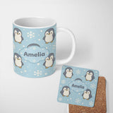 Personalized Custom Name Cute Winter Penguin Cartoon Animal Pattern Perfect Gift for Her 11oz Ceramic Coffee Tea Mug White Large Handle