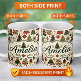 Personalized Custom Name Ornate Christmas Trees Red Green Gold Baubles Festive Seamless 11oz Ceramic Coffee Tea Mug White Large Handle