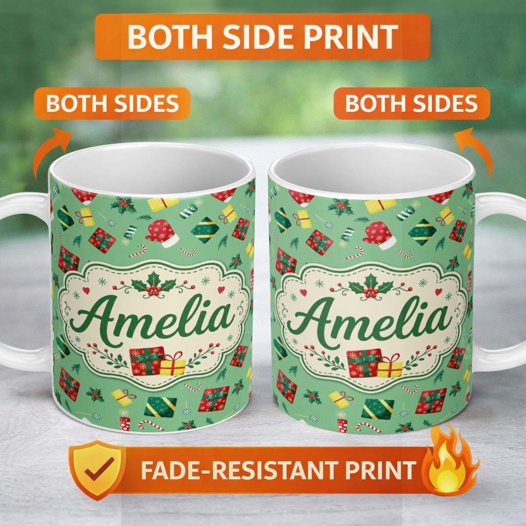 Personalized Custom Name Christmas Gifts Candy Cane Holly Mitten Seamless Pattern Lovely 11oz Ceramic Coffee Tea Mug White Large Handle