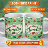 Personalized Custom Name Christmas Gifts Candy Cane Holly Mitten Seamless Pattern Lovely 11oz Ceramic Coffee Tea Mug White Large Handle
