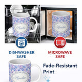 Personalized Custom Name Dreamy Lavender Blue Hydrangea Floral Seamless Pattern Lovely 11oz Ceramic Coffee Tea Mug White Large Handle
