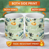 Personalized Custom Name Halloween Ghost Pumpkin Cat Seamless Pattern Sage Cute Spooky Design 11oz Ceramic Coffee Tea Mug White Large Handle