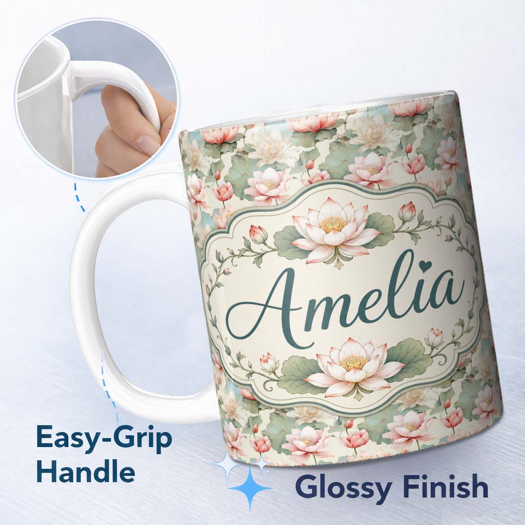 Personalized Custom Name Soft Pastel Lotus Blossom Pattern with Elegant Botanical Arrangement 11oz Ceramic Coffee Tea Mug White Large Handle