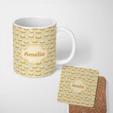 Personalized Custom Name Golden Cream Dollop Pastry Repeating Minimal Seamless Pattern Lovely 11oz Ceramic Coffee Tea Mug White Large Handle