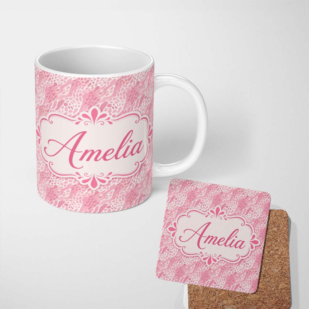 Personalized Custom Name Deep Pink and Beige Leopard Style Watercolour Seamless Pattern 11oz Ceramic Coffee Tea Mug White Large Handle