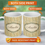 Personalized Custom Name Soft Neutral Ivy Branches on Aged Background Seamless Pattern Lovely 11oz Ceramic Coffee Tea Mug White Large Handle