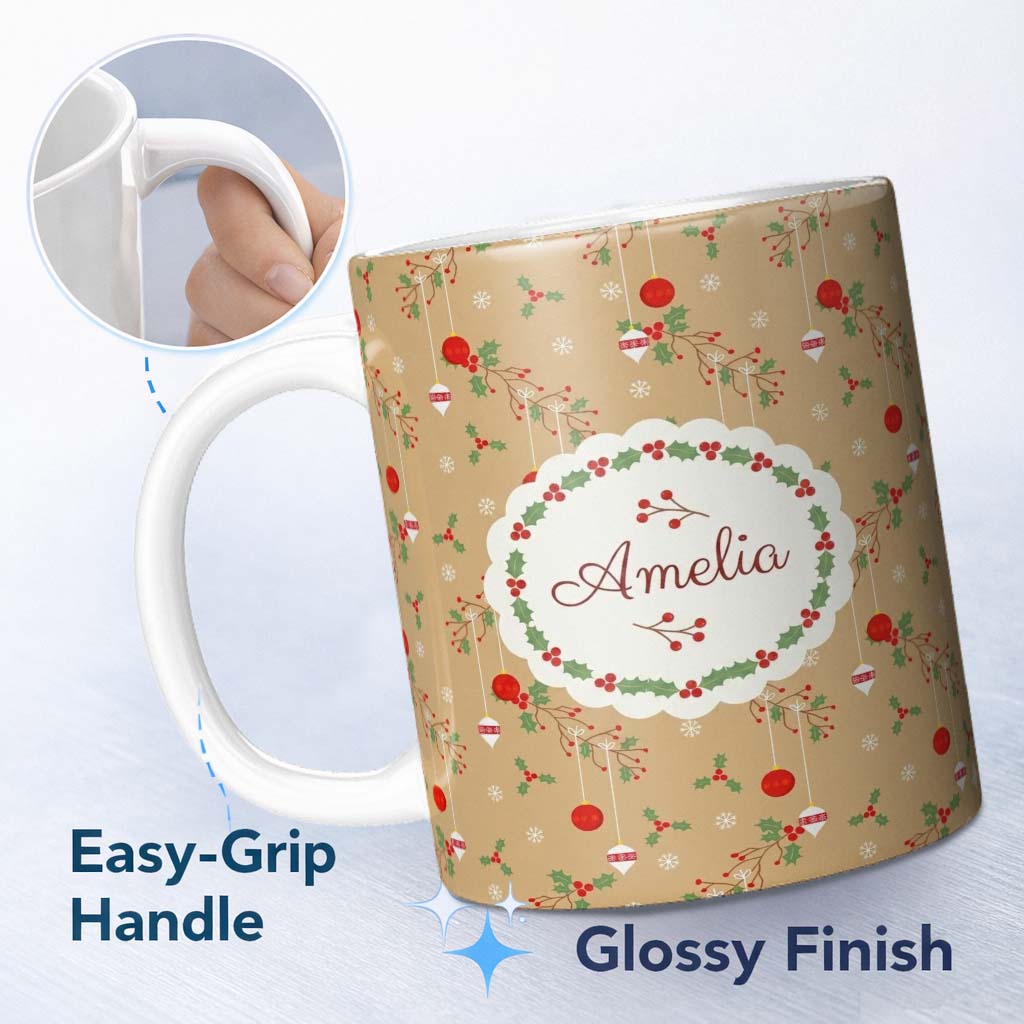 Personalized Custom Name Minimal Christmas Ornaments Hanging Baubles Holly Branches and 11oz Ceramic Coffee Tea Mug White Large Handle