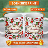 Personalized Custom Name Christmas Stockings Gifts Candy Snowflake Seamless Pattern Lovely 11oz Ceramic Coffee Tea Mug White Large Handle