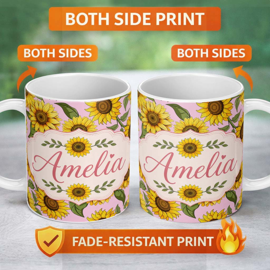 Personalized Custom Name Bright Yellow Sunflower Soft Pink Background Seamless Pattern Name 11oz Ceramic Coffee Tea Mug White Large Handle