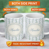Personalized Custom Name Blue Floral Vine Stripe Seamless Pattern Beautiful Coffee Cup Lovely 11oz Ceramic Coffee Tea Mug White Large Handle