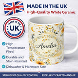 Personalized Custom Name Soft Yellow Clouds Moon and Floral Dream Pattern Seamless Design 11oz Ceramic Coffee Tea Mug White Large Handle