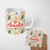 Personalized Custom Name Watercolor Christmas Tree Cookie Candy Festive Seamless Pattern 11oz Ceramic Coffee Tea Mug White Large Handle