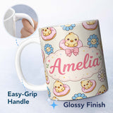 Personalized Custom Name Cute Baby Chick Donut Flowers Seamless Pattern Cream Background 11oz Ceramic Coffee Tea Mug White Large Handle