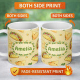 Personalized Custom Name Cute Kawaii Tacos and Wraps Seamless Pattern Yellow Background 11oz Ceramic Coffee Tea Mug White Large Handle