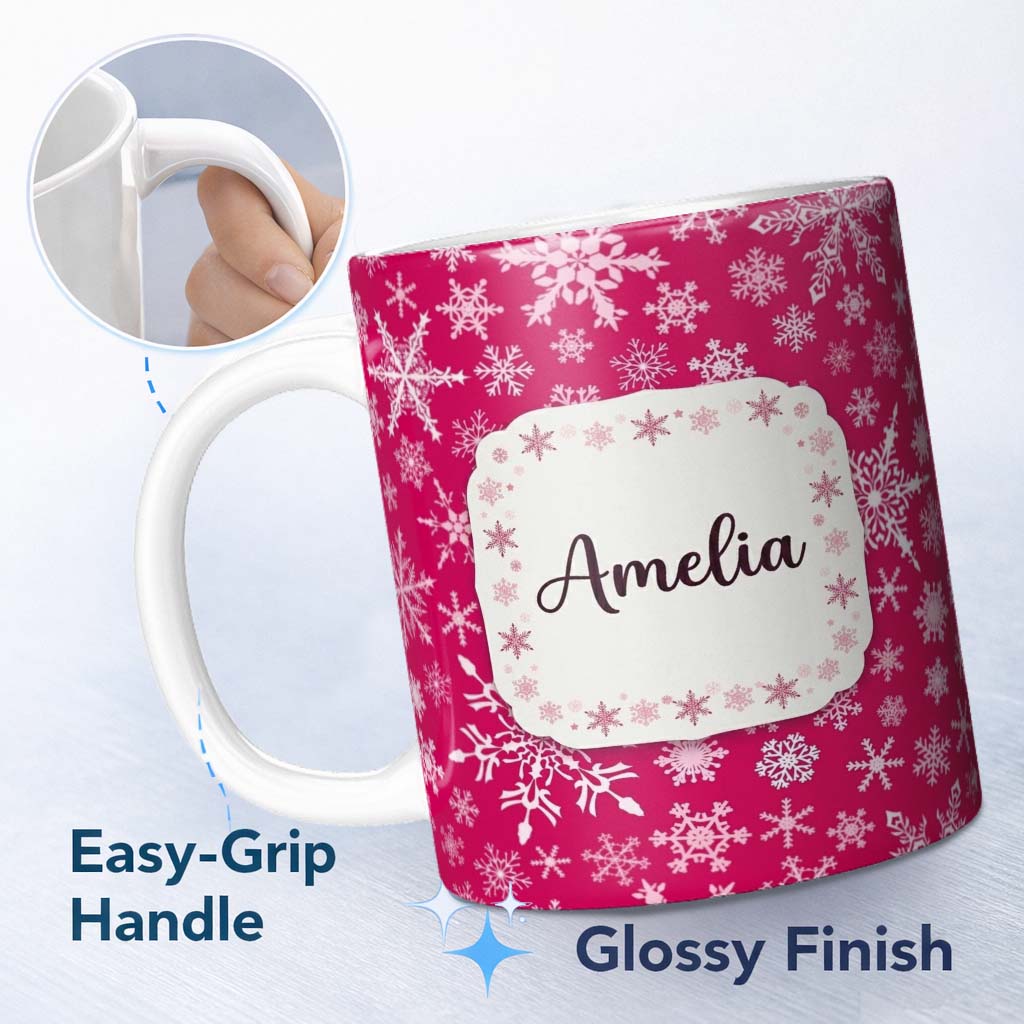 Personalized Custom Name Classic Red White Snowflake Christmas Seamless Pattern Lovely 11oz Ceramic Coffee Tea Mug White Large Handle