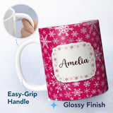 Personalized Custom Name Classic Red White Snowflake Christmas Seamless Pattern Lovely 11oz Ceramic Coffee Tea Mug White Large Handle