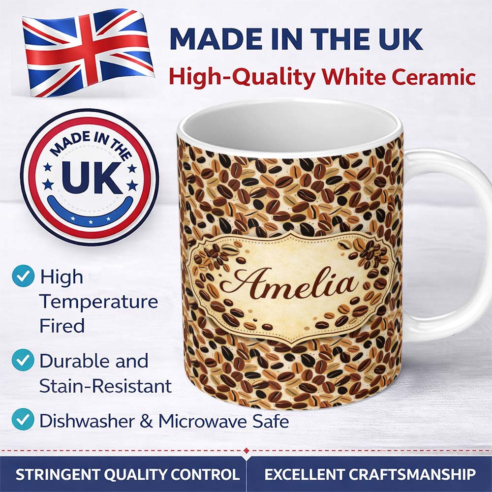 Personalized Custom Name Coffee Cup Beans Botanical Vintage Seamless Pattern Cute Unique Gift 11oz Ceramic Coffee Tea Mug White Large Handle