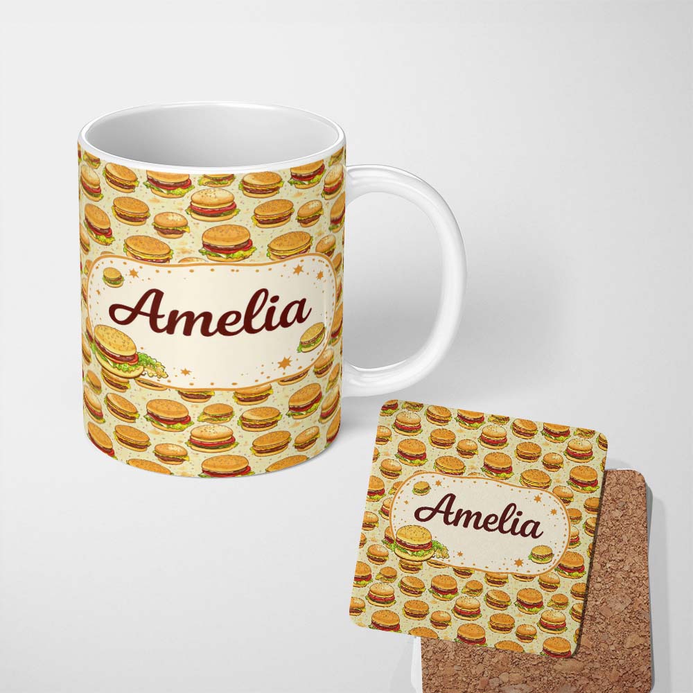 Personalized Custom Name Cartoon Cheeseburger Seamless Pattern Light Green Background Fast 11oz Ceramic Coffee Tea Mug White Large Handle