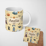 Personalized Custom Name Halloween Zombie Mummy Vampire Bat Spooky Cream Seamless Pattern 11oz Ceramic Coffee Tea Mug White Large Handle