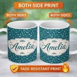 Personalized Custom Name Small Scale Cloud Pattern Teal Background Soft Neutral Clouds Lovely 11oz Ceramic Coffee Tea Mug White Large Handle