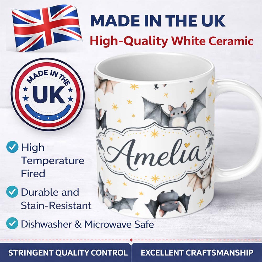 Personalized Custom Name Cute Watercolor Bats and Stars Seamless Pattern Warm Sand Background 11oz Ceramic Coffee Tea Mug White Large Handle