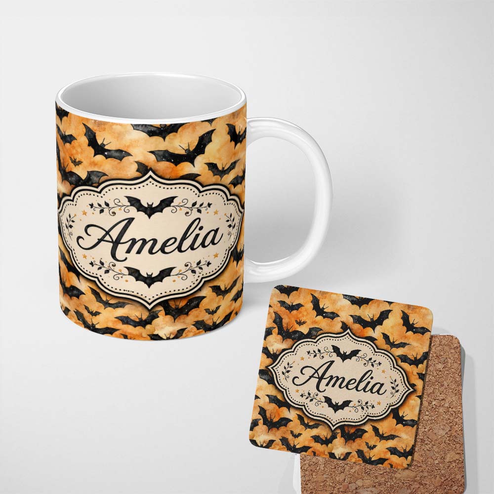 Personalized Custom Name Watercolour Flying Bats on Warm Orange Cloud Background Halloween 11oz Ceramic Coffee Tea Mug White Large Handle