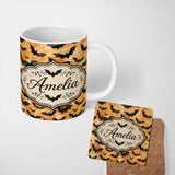 Personalized Custom Name Watercolour Flying Bats on Warm Orange Cloud Background Halloween 11oz Ceramic Coffee Tea Mug White Large Handle