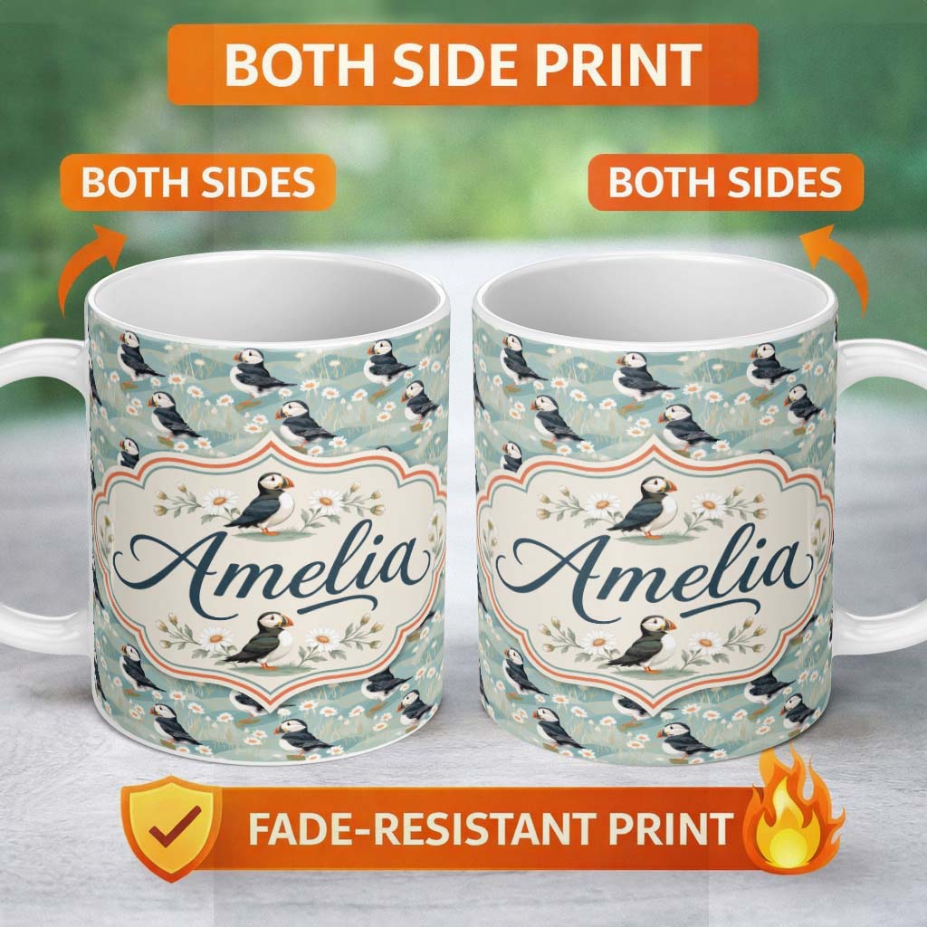 Personalized Custom Name Puffin and Daisy Floral Pattern Soft Botanical Seamless Design 11oz Ceramic Coffee Tea Mug White Large Handle