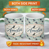 Personalized Custom Name Puffin and Daisy Floral Pattern Soft Botanical Seamless Design 11oz Ceramic Coffee Tea Mug White Large Handle