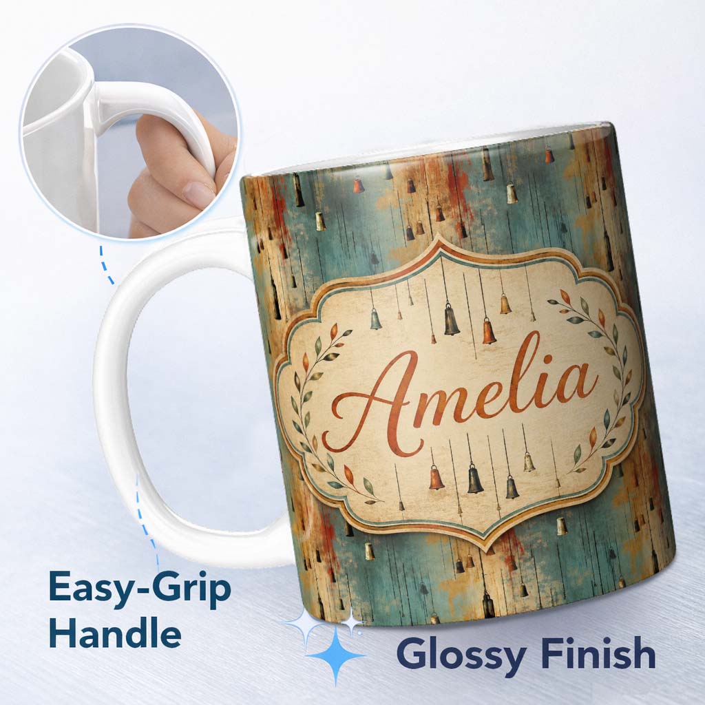Personalized Custom Name Rustic Hanging Metal Bells Distressed Paint Texture Seamless Pattern 11oz Ceramic Coffee Tea Mug White Large Handle