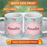 Personalized Custom Name Pink Dolphin Stingray Starfish Ocean Creatures Mint Green Polka Dot 11oz Ceramic Coffee Tea Mug White Large Handle