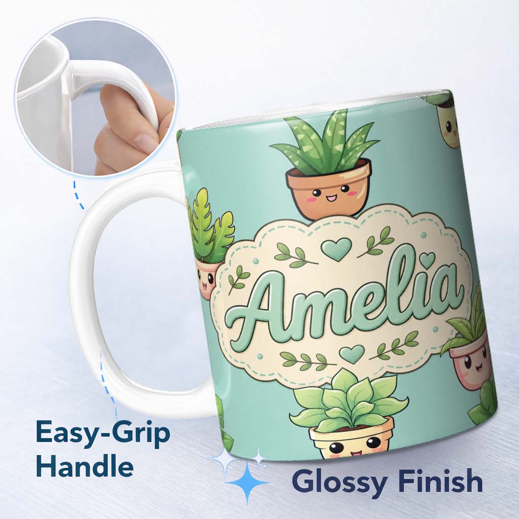 Personalized Custom Name Cute Kawaii Smiling Plant Pots Leaves Seamless Pattern Mint Lovely 11oz Ceramic Coffee Tea Mug White Large Handle
