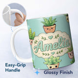 Personalized Custom Name Cute Kawaii Smiling Plant Pots Leaves Seamless Pattern Mint Lovely 11oz Ceramic Coffee Tea Mug White Large Handle