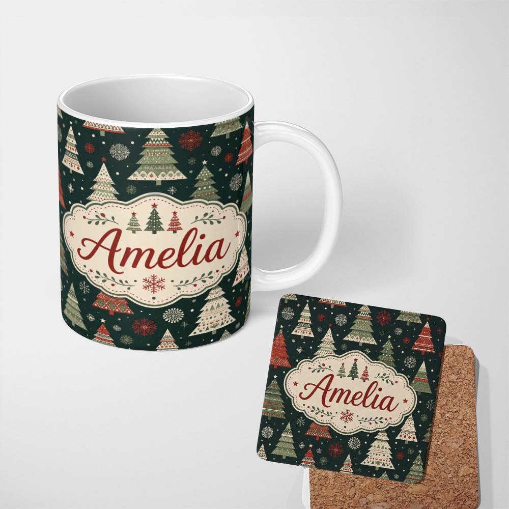 Personalized Custom Name Scandi Christmas Trees Snowflakes Red Green Dark Background Seamless 11oz Ceramic Coffee Tea Mug White Large Handle
