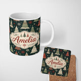 Personalized Custom Name Scandi Christmas Trees Snowflakes Red Green Dark Background Seamless 11oz Ceramic Coffee Tea Mug White Large Handle