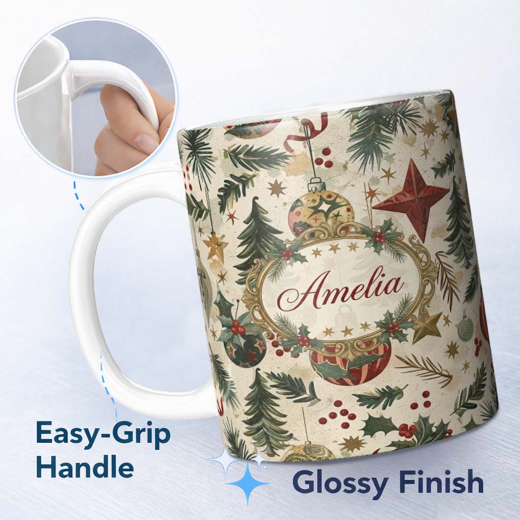 Personalized Custom Name Christmas Ornament Star Pine Branch Festive Seamless Pattern Lovely 11oz Ceramic Coffee Tea Mug White Large Handle