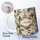 Personalized Custom Name Christmas Ornament Star Pine Branch Festive Seamless Pattern Lovely 11oz Ceramic Coffee Tea Mug White Large Handle