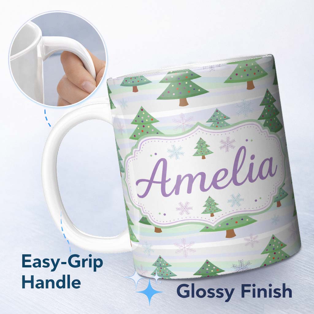 Personalized Custom Name Pastel Christmas Tree Snowflake Winter Landscape Seamless Pattern 11oz Ceramic Coffee Tea Mug White Large Handle