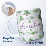 Personalized Custom Name Pastel Christmas Tree Snowflake Winter Landscape Seamless Pattern 11oz Ceramic Coffee Tea Mug White Large Handle