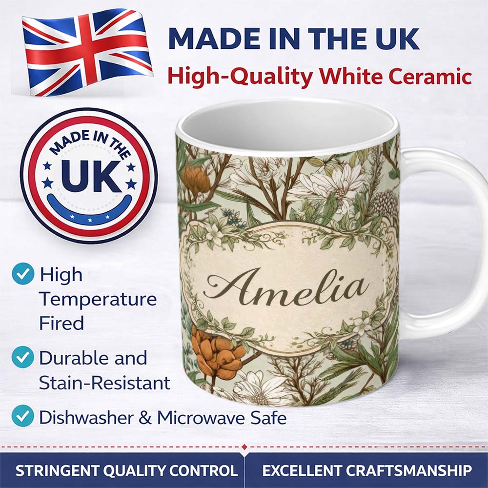 Personalized Custom Name Botanical Garden Floral Pattern Natural Tones Beautiful Coffee Cup 11oz Ceramic Coffee Tea Mug White Large Handle