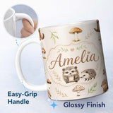 Personalized Custom Name Woodland Hedgehogs with Mushrooms Leaves Warm Neutral Seamless 11oz Ceramic Coffee Tea Mug White Large Handle