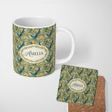 Personalized Custom Name Teal Yellow Bird Botanical Branch Seamless Pattern Vintage Nature 11oz Ceramic Coffee Tea Mug White Large Handle