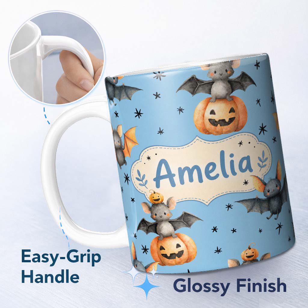 Personalized Custom Name Cute Halloween Bats Sitting on Pumpkins with Stars Blue Background 11oz Ceramic Coffee Tea Mug White Large Handle