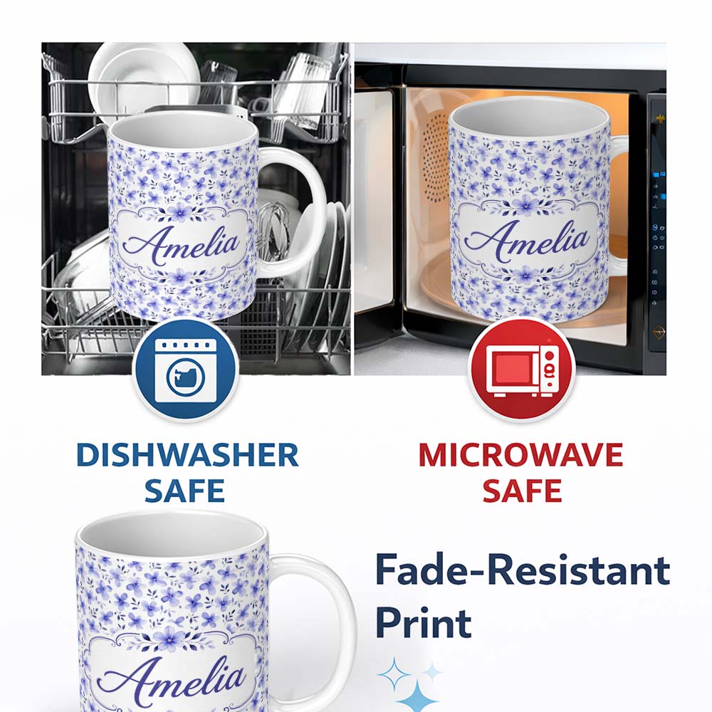 Personalized Custom Name Soft Blue Watercolor Floral Seamless Pattern Delicate Botanical 11oz Ceramic Coffee Tea Mug White Large Handle