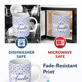 Personalized Custom Name Soft Blue Watercolor Floral Seamless Pattern Delicate Botanical 11oz Ceramic Coffee Tea Mug White Large Handle
