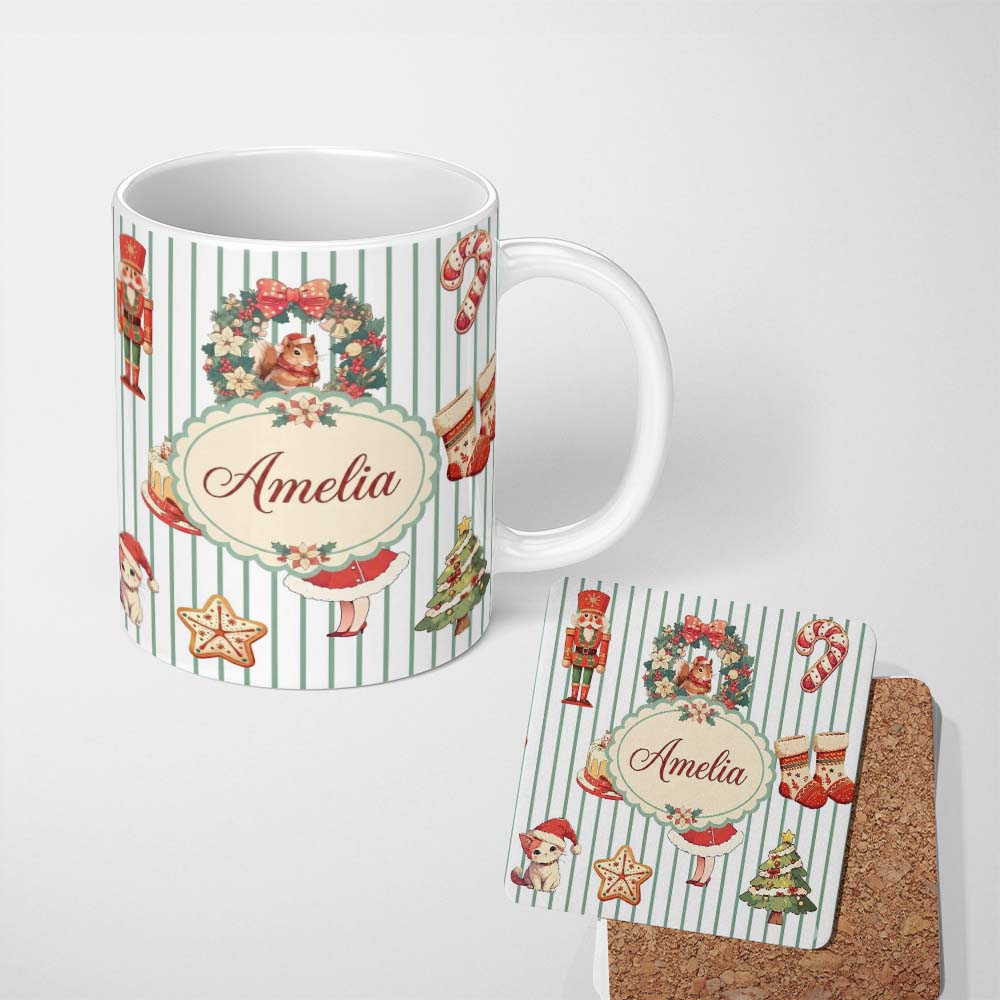 Personalized Custom Name Christmas Nutcracker Squirrel Cake Candy Cane Girl Tree Pink Stripe 11oz Ceramic Coffee Tea Mug White Large Handle
