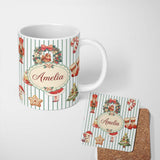 Personalized Custom Name Christmas Nutcracker Squirrel Cake Candy Cane Girl Tree Pink Stripe 11oz Ceramic Coffee Tea Mug White Large Handle