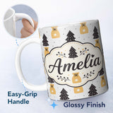 Personalized Custom Name Black Christmas Trees and Gift Bags Seamless Pattern Modern Holiday 11oz Ceramic Coffee Tea Mug White Large Handle