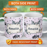 Personalized Custom Name Cute Baby Bats Flying with Stars Soft Lavender Background Seamless 11oz Ceramic Coffee Tea Mug White Large Handle