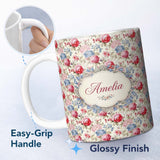 Personalized Custom Name Classic Vintage Rose Garden Floral Seamless Pattern Red Blue Beige 11oz Ceramic Coffee Tea Mug White Large Handle